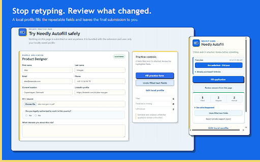 Job Application Autofill — Needly :: Autofill job applications on Workday, Greenhouse, Lever, Ashby, and other recognized forms. Your profile stays on your device.