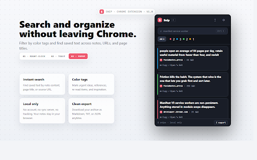 Snip - Save Text and Notes from Any Website :: Save text and notes from any website in one click. Search, tag, copy, and export local notes.