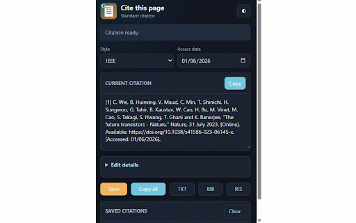 Cite this page- Standard citation :: Generate APA, MLA, Chicago, Harvard, IEEE, BibTeX and RIS citations for the current page.