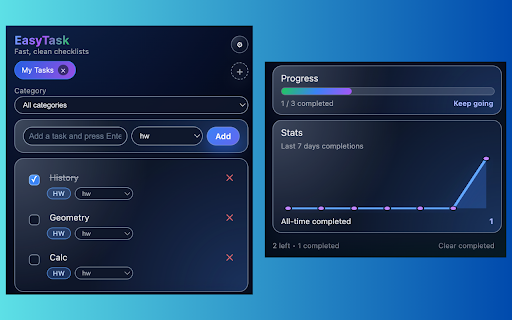 EasyTask :: Modern checklist manager with categories, tabs, and themes.