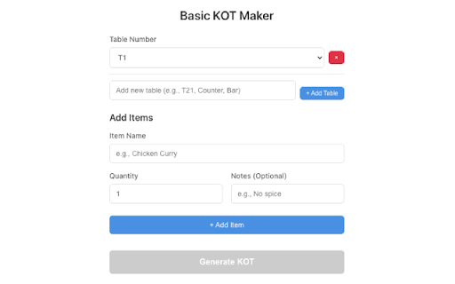Basic KOT Maker :: Quickly create and print Kitchen Order Tickets (KOTs) for restaurant staff