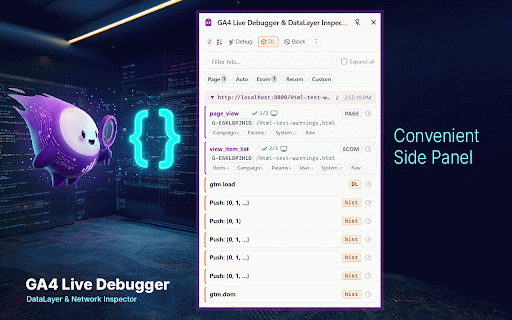 GA4 Live Debugger & DataLayer Inspector :: Real-time GA4 debugger. Monitor dataLayer events, inspect network payloads, and block analytics hits via Side Panel or DevTools.