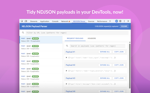 NDJSON Payload Parser :: Parse NDJSON network payloads in DevTools with interactive JSON trees, search, and filtering