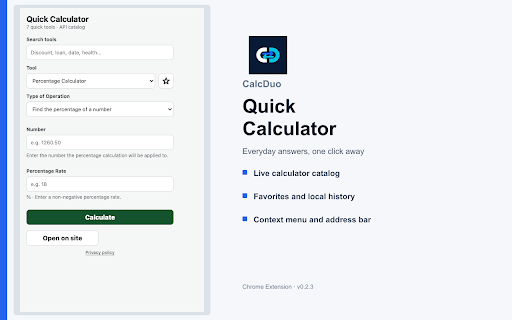 CalcDuo Quick Calculator :: Run percentage, discount, tax, loan, date, and health calculations through CalcDuo APIs.