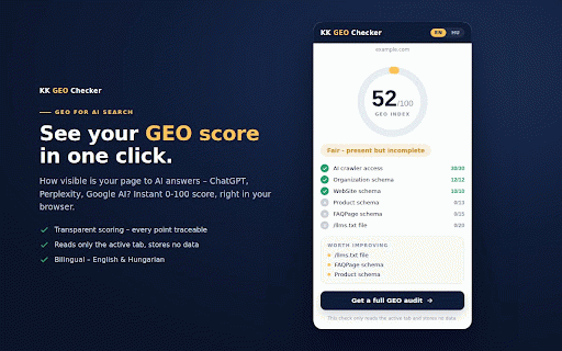 KK GEO Checker :: One click shows how visible a page is to AI search (GEO score 0-100). Bilingual EN/HU. By Kreatív Kontroll.