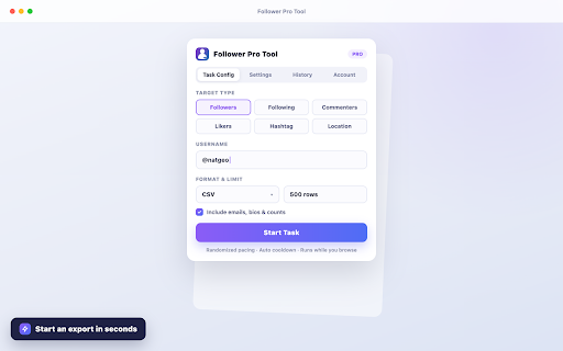 Follower Pro Tool - Export Followers & Following to CSV/Excel :: Export Instagram followers, following, comments & likers to CSV/Excel/JSON. Filter, dedupe & back up your lists.