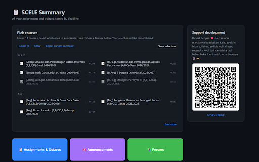 SCELE Summary V2 :: Notion-style dashboard for SCELE: assignments, quizzes, announcements, and forums.