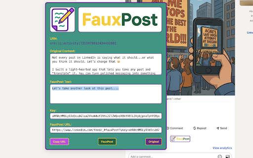 FauxPost :: FauxPost is a Chrome Extension that allows users to creatively rewrite the appearance of LinkedIn posts, without altering the…