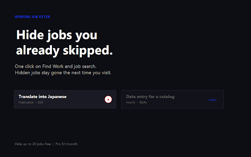 Upwork Job Filter :: Hide jobs you mark as NG on Upwork search and Find Work.