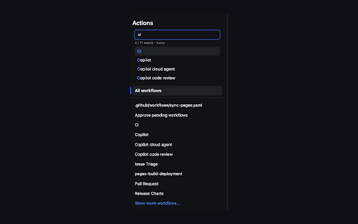 GitHub Workflow Search :: Fuzzy-search the workflow sidebar on GitHub Actions. No more clicking "Show more workflows".