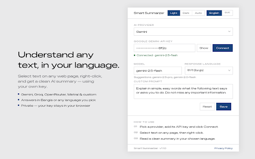 Smart Summarizer :: Select any text on any page, right-click, and get a clear AI explanation in your chosen language — using your own API key.