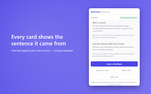 QuizFeast Study Helper :: Turn any page, PDF or Word file into flashcards. Every card shows the sentence it came from, so you can check it yourself.