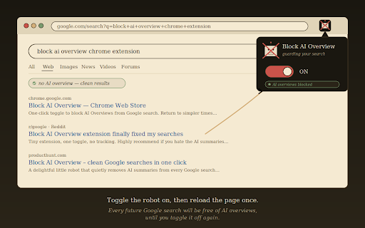 Block AI Overview :: One-click toggle to block AI Overviews from Google search results.