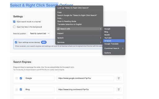 Select & Right Click Search :: Search selected text with various search engines via right-click menu