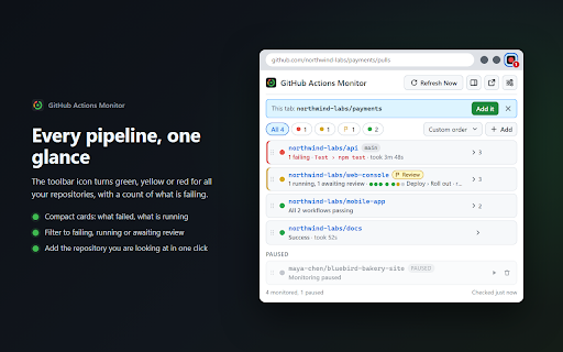 GitHub Actions Monitor :: Live GitHub Actions status in your toolbar: why a run failed, step-by-step progress, deploys awaiting review, and alerts.