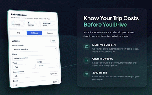 Fahrtkosten+ Fuel Cost Calculator :: Shows estimated fuel costs for selected driving routes in Google Maps, Apple Maps, and Waze.