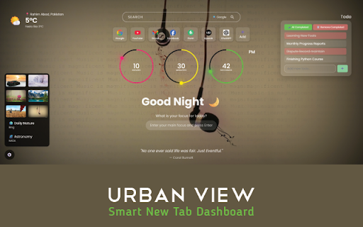 Urban View – Smart New Tab Dashboard :: A beautiful new tab with live time, daily focus, quotes, weather, shortcuts, and productivity tools.