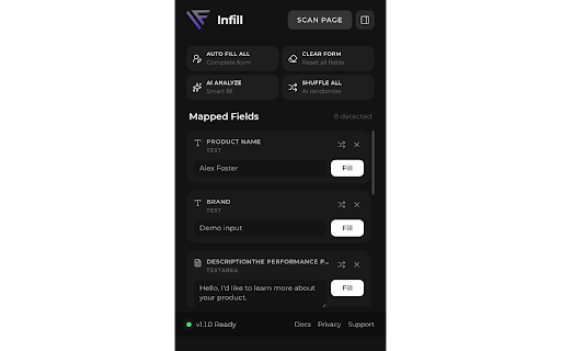 Infill :: Scan and fill web forms with smart test data, AI analyze, shuffle, and sample image uploads for QA.