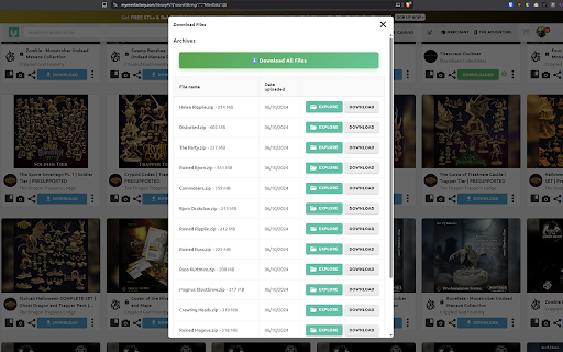 MyMiniFactory Download All :: Add a 'Download All' button to MyMiniFactory release modals for bulk downloads. Save time by downloading all files at once!