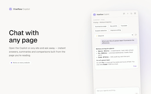 Hiveflow - AI Agent Orchestrator :: AI copilot in your side panel: chat with page context, write emails in Gmail, and run your Hiveflow agents on any website.