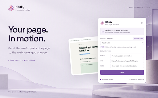 Hooky :: Send page context to your webhooks with reusable templates and smart rules. A product of hexly.ai.
