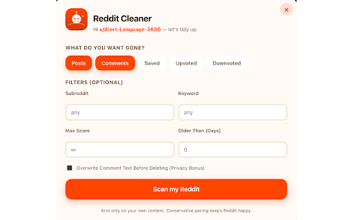 Reddit Cleaner — bulk delete posts, comments and saved :: Bulk-delete your Reddit posts, comments, saved items and votes. Filters, preview, conservative pacing.