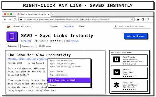 SAVD.SPACE — Save to bookmarks :: One-click save the current page (or any link) to your SAVD.SPACE bookmark library, synced to your own Google Sheet.