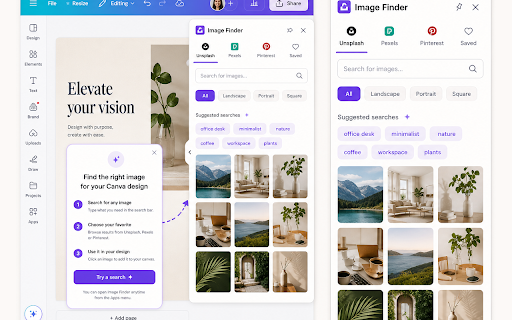 Image Finder for Canva :: Find the right image for any Canva design faster with Unsplash, Pexels, Pinterest ideas, and saved favorites.