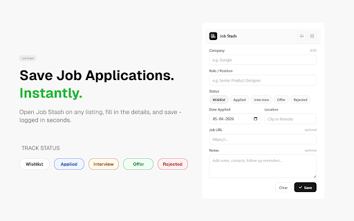 Job Stash - Job Application Tracker :: Track jobs, update status, get follow-up reminders & export to CSV. Private & local - nothing leaves your device.