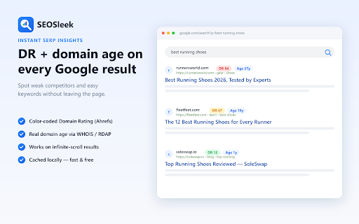SEOSleek – SERP, DR & Domain Age Checker & On-Page SEO Analyzer :: Check Domain Rating & domain age on every SERP result. Spot weak competitors, find easy keywords, export to CSV — free.