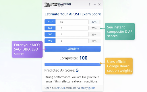 APUSH Score Calculator – Exam Estimator :: Estimate your APUSH exam score instantly using official section weights. Fast, simple study tool.