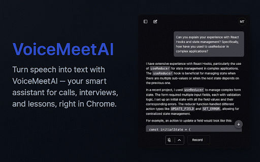 Voice Meet AI :: VoiceMeetAI transcribes audio from active tabs in real-time and provides AI answers for meetings, lessons, and interviews.
