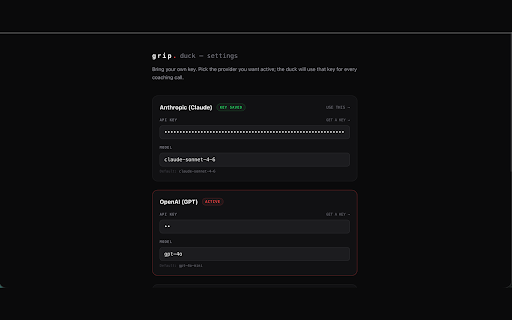 grip duck — Socratic AI LeetCode interview coach :: AI interview coach for LeetCode. Locks the editor until you explain your approach, then debriefs every submission. BYO API key.