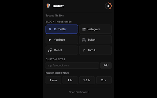 Undrift :: Quit distracting websites with blocking, interventions, time tracking, and streaks.