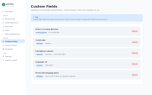 JobFlow Autofill :: Smart autofill for job apps, sign-ups, shipping & contact forms. Custom fields, templates & saved answers — stored locally.