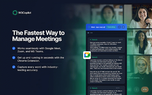 W3copilot :: AI meeting transcription for Meet, Zoom & Teams. No bot. Live transcripts, notes, sync to your account. In-meeting panel + export.