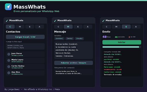 MassWhats :: Envío personalizado por WhatsApp Web: importá tu lista, usá variables y adjuntá archivos. By: Jorge Baez