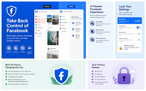 Hide Reels, Feeds, and Stories on Facebook :: Hides Reels, Feeds, and Stories from Facebook's sidebar and feed, and blocks all Reels URLs.
