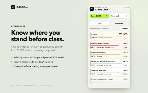 CUIMS Clear :: Faster CUIMS login, attendance and safe-skip counts without opening the portal, and a cleaner LMS.