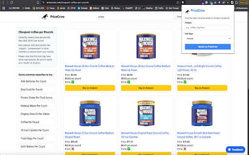 PriceCrow: Amazon Price Per Unit :: Take a search query if on an amazon.com search and prepopulate the PriceCrow search form in the popup.