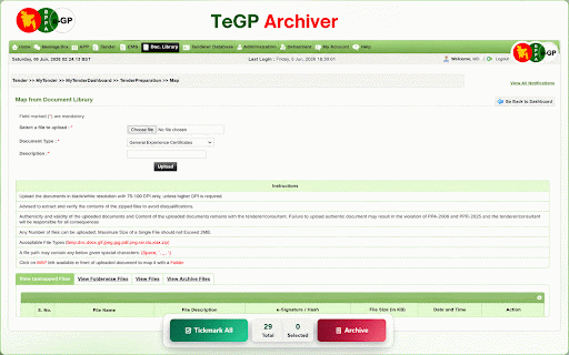 TeGP Archiver :: Compact e-GP Form Doc Map archiver with tickmark-all, archive workflow, signup control and admin-managed ads.