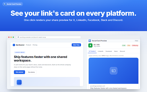 Social Card Preview - Open Graph & Twitter :: Open Graph preview for any link. See how it looks shared on X, LinkedIn, Facebook, Slack and Discord, plus tag validation.