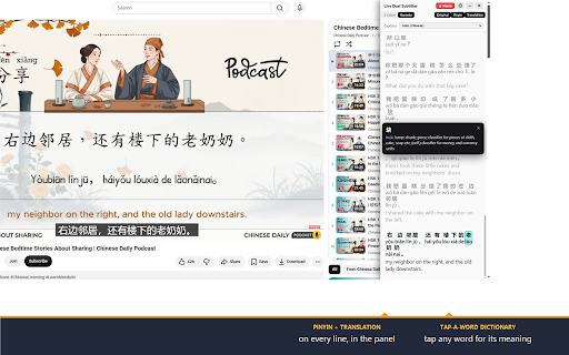 Live Dual Subtitles with Auto-Translation and Pinyin :: Adds Pinyin + a translated 2nd subtitle line to Chinese videos. Reads the site subtitles — or the ones printed on the video.