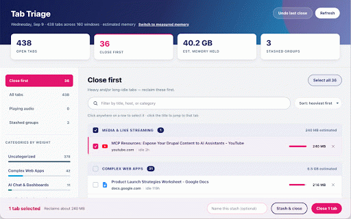 Tab Triage & Stash :: Prioritize the tabs eating your RAM, then stash them without losing them.