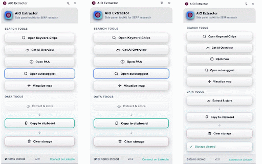 AIO Extractor :: Stores AIO highlights with root keywords to structure outlines, plan content, and analyze SERPs via AI Overviews. Side Panel UI.