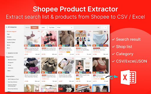 Shopee Extractor - Export Shopee Products to CSV/Excel/JSON :: Scrape Shopee products from searches, categories, or listings to CSV/Excel/JSON. Save Shopee products to your computer