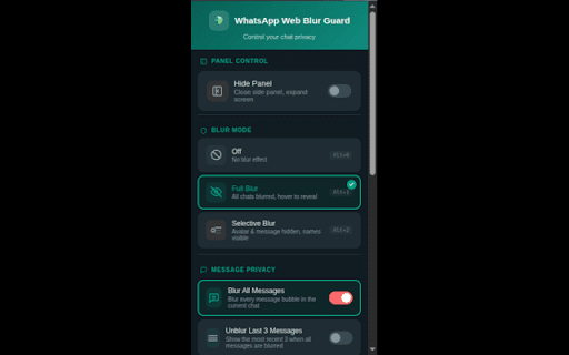 WhatsApp Web Blur Guard :: Privacy controls for WhatsApp Web. Blur names, messages, media previews, and hide panel content while screen sharing.