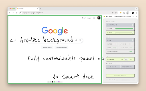 Arc Stage - Arc experience on Chrome :: A sleek Arc-like background, a dock for fast access to redesigned tabs, bookmarks, and quick links.