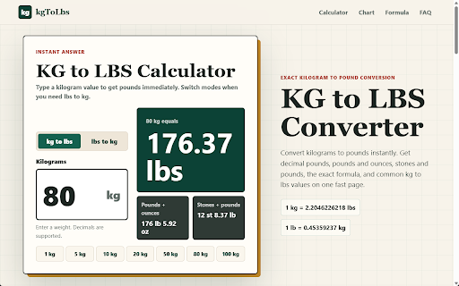 KG to LBS Converter :: Convert kg to lbs, lbs to kg, pounds and ounces, and stones instantly with a fast weight conversion calculator.