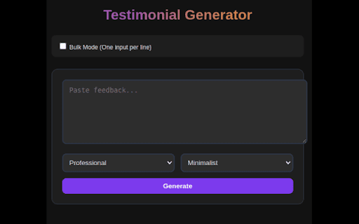 AI Testimonial Generator :: Instantly transform customer feedback into professional testimonials with AI. Choose tones, bulk process, and export—no writing…